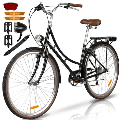 Produktbild von 28 Zoll Damenfahhrad Damen Citybike Cityrad AVILO Black 6 Gang Shimano Fahrrad mit Gepäckträger LED Tiefeinstieg Komfortsattel Schwarz