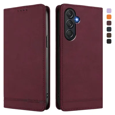 Image de Etui pour Samsung Galaxy M55, étui rétro en cuirPolyuréthaneavec support et fentes pour cartes de crédit Rouge