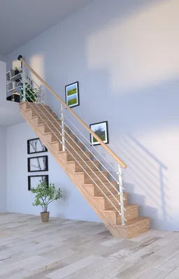 Produktbild von Holztreppe Lindos (Eiche) in gerader Ausführung-80 cm-Design Geländer Edelstahl-mit Setzstufen