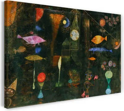 Produktbild von Leinwandbild (80x60cm): Paul Klee - Fischzauber, echter Holz-Keilrahmen inkl. Aufhänger, handgefertigt in Deutschland