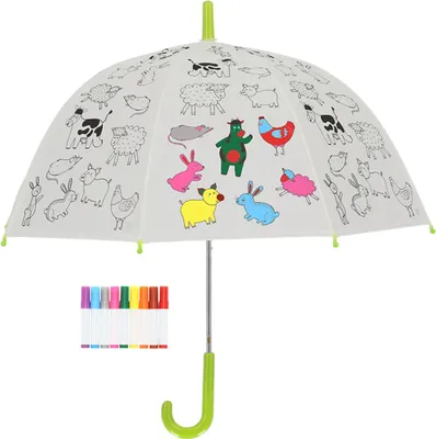 An open umbrella with farm animal illustrations and a set of markers.