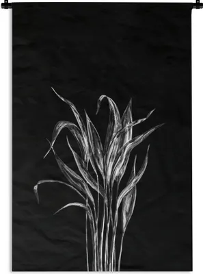 Produktbild von MuchoWow® Wandteppich Wandbehang Lange dünne Blätter auf schwarzem Hintergrund - schwarz und weiß 90x135 cm Tapisserie Dekoration Wandtuch - Baumwolle - Wandskulptur