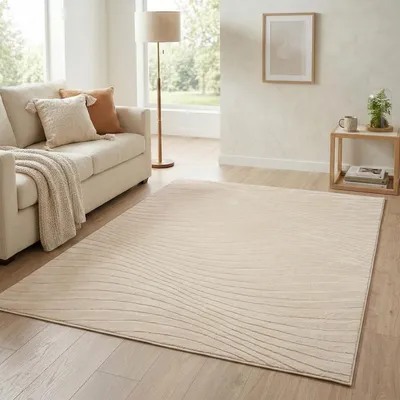 Produktbild von Teppich Kurzflor Wohnzimmer - 160x230 cm in Beige - Modernes Wellen-Muster in 3D-Optik