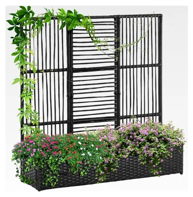 Produktbild von Hochbeet mit Rankgitter in Rattan-Optik, Pflanzkasten für Kletterpflanzen, Blumenkasten, 103 x 103 x 29 cm, Schwarz