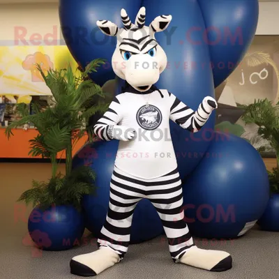 Produktbild von Marineblauer REDBROKOLY Zebra Maskottchen Kostüm charakter bekleidet mit einer Yogahose und Schuhclips