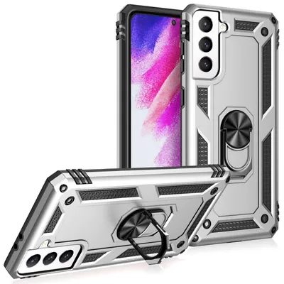 Image de NALIA Étui à anneaux de style militaire pour Samsung Galaxy S21 FE, Protection extrême Résistance aux chocs Robuste, Anneau 360° pour fonction de support Argent
