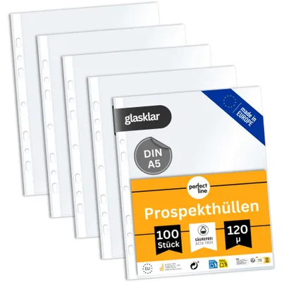 Produktbild von perfect line 100 Prospekthüllen A5 PP 120 my glasklar extra stark dokumentenecht