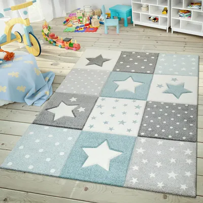 Produktbild von TT Home Kinderzimmer Teppich Konturenschnitt 3D Optik Geometrisches Karo Muster Blau Größe 240x340 cm