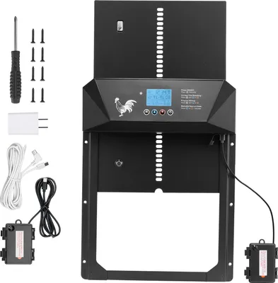 Obrázek produktu pro SucceBuy automatická klapka na kuřata s LCD displejem, vybavená světelným senzorem, časovačem a manuálním ovládáním. Bezpečná ochrana proti uvíznutí a robustní konstrukce pro kurníky. Rozměry: 405x330x85 mm.
