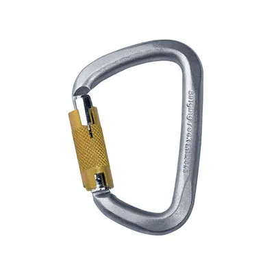 Stahlkarabiner D Steel Connector Trilock von Singing Rock; robustes Design mit sicherem Verschluss.