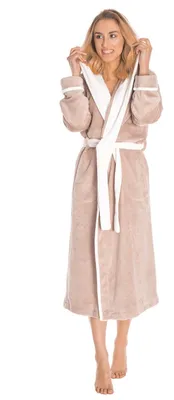 Produktbild von LEVERIE klassischer und kuschelweicher Damen-Bademantel / Morgenmantel/ Saunamantel mit Bindegürtel, Taschen und Kapuze Dunkelgrau/Schwarz S (36)