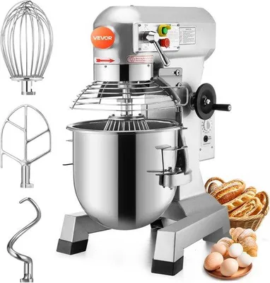 Obrázek produktu pro Elektrický stojanový mixér o objemu 30 litrů, výkon 1100 W, 220 V, určený pro kuchyňské i profesionální použití, s nastavitelným mixérem a drtičkou
