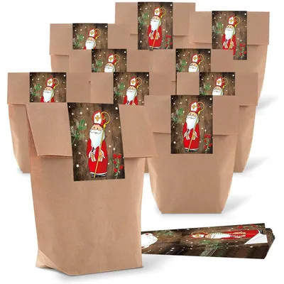 Produktbild von Logbuch-Verlag 25 kleine Geschenkbeutel FROHES FEST Weihnachten braun 16,5 x 26 x 6,5 cm mit Aufkleber rot grün Verpackung Papiertüte GeschenktüteHeiliger Nikolaus Braun, Rot / 100 Stück