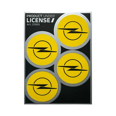 Image de Kit d'autocollants pour enjoliveur de roue Opel, 4 logos diamètre 48 mm, 94 x 131 mm, jaune