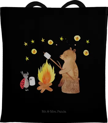Produktbild von Mr. & Mrs. Panda Jutebeutel Bär & Marienkäfer Lagerfeuer - Schwarz - Geschenk, Schultasche, Tasche, Shopping, Laptoptasche, baumwolle, Teddy, Beutel