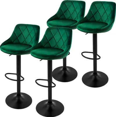 Four green velvet bar stools with black bases and adjustable height.