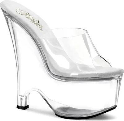 Produktbild von BEAU-601 Pleaser Damen Plateau Pantoletten transparentes Riemchen Keilabsatz