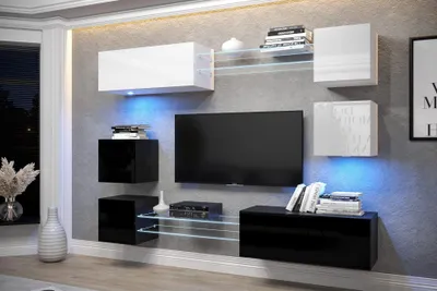 Obrázek produktu pro Furnitech Obývací stěna - Nábytek do obývacího pokoje s LED RGB - 16 barev - Moderní závěsná skříňka - Police a TV skříňka (AN65N-21WB-HG4)