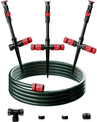 Zdjęcie produktu dla Zestaw do nawadniania trawników Unyqoos® z regulacją 360° – 3 dysze, 3 przedłużki (13,2 cm każda), wąż o długości 10 metrów, kąt rozpylania 10–360° do nawadniania trawników i rabat
