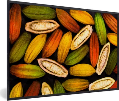 Produktbild von MuchoWow® Gerahmtes Poster Offene und geschlossene Schoten von Kakaobohnen 60x40 cm - Poster mit Schwarzem Bilderrahmen Wandposter Rahmen Foto Bilder - Printing - Wanddeko Schlafzimmer