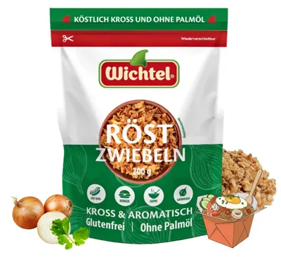 Produktbild von WICHTEL Röstzwiebeln 200g - Kross & Aromatisch, Glutenfrei, Ohne Palmöl, Ohne künstliche Aroma, Halal