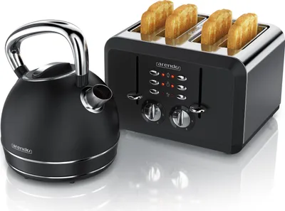 Image de Arendo Breakfast Set, Bouilloire inox 1,7l, Grille-pain 4 disques fentes courtes, Breakfast Set, Bouilloire rétro, Grille-pain vintage, 2 grilles, noir