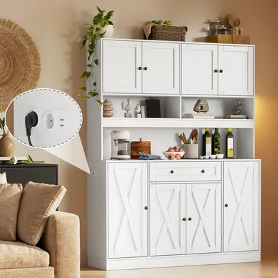 Produktbild von Küchenbuffet 140 x 40 x 185 cm mit Arbeitsplatte und Stromanschluss, Schublade, verstellbaren Einlegeböden, Türablagen, Landhausstil, Cremeweiß