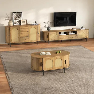 Produktbild von Merax Wohnzimmerset 3-teilig mit TV Schrank,Couchtisch und Sideboard,Lowboard Set mit Schiebetüren und Rattan Optik, Wohnzimmermöbel Metallfüße,Natur