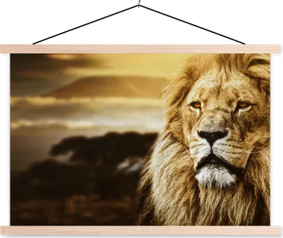 Produktbild von MuchoWow® Textilposter Wildes Tier - Sonnenuntergang - Afrika 120x80 cm mit holzfarbenen Rahmen - Aufhängeset