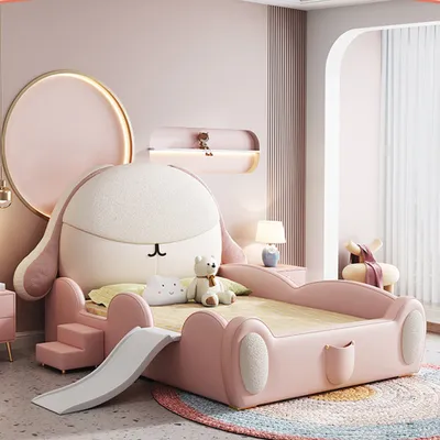 Produktbild von Kaninchen Mädchen Kinder Bett Rosa Kinderbett Jugendbett Einzelbett Cartoon Bett 1200x1900mm 【W599】