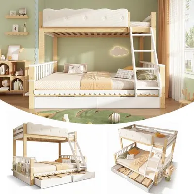 Produktbild von Kinder-Etagenbett 90x200/140x200 cm, Wolken-Geländer, Schubladen & Zeitschriftenständer, Holz-Familienbett, EN 747:2024, Weiß & Eiche, ohne Matratze