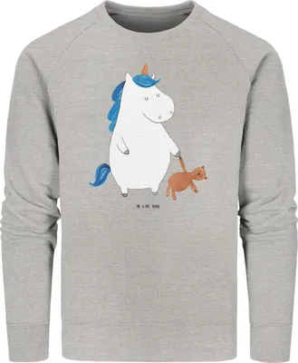Produktbild von Mr. & Mrs. Panda Baumwoll Sweatshirt Einhorn Teddy Größe L - Heather Grey - Geschenk, Rundhals, Unicorn, Pulli, Pullover, schlafen, Sweater, Bett, Bio, Gute Nacht