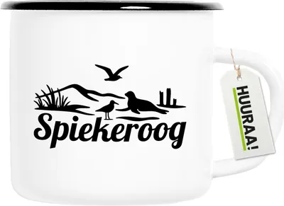 Produktbild von Huuraa Emaille Tasse Spiekeroog Strandmotiv 300ml Vintage Campingbecher Geschenkidee