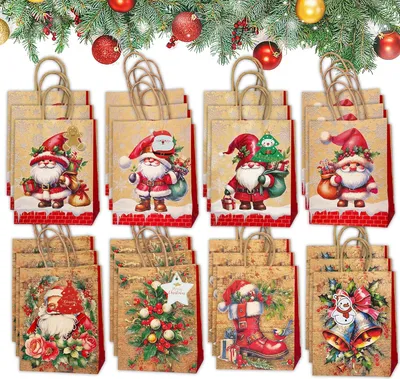 Produktbild von Geschenktš¹Ten Weihnachten,24 Stš¹ck Weihnachts Kraft Geschenktaschen,Papiertš¹ten Weihnachten Geschenktš¹ten mit Henkel,Weihnachtstš¹Ten Papier,Weihnachtstasche,Papiertš¹ten