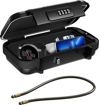 Produktbild von Tragbarer Tresor mit Zahlencode, Sicherheitsbox Outdoor Sicherheitssafe, mit Drahtseil abnehmbarem, Wasserdicht Schlüsselsafe mit Kombination, für Reisen, Strand, Camping, Büro - Schwarz