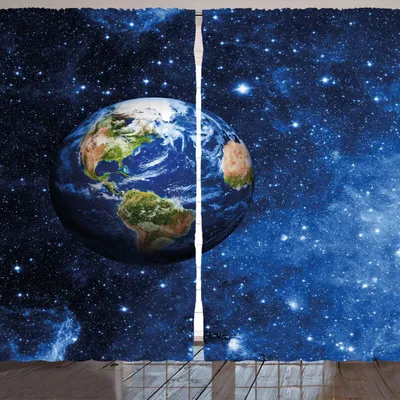 Produktbild von ARANDE Platz Gardine, Äußere Ansicht des Planetenerde im Sonnensystem mit Stern-Leben auf Kugel-Themabild, 280 x 225 cm, Blau Grün