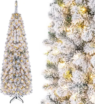 Productafbeelding van Kunstkerstboom smal 180 cm met verlichting en sneeuw
