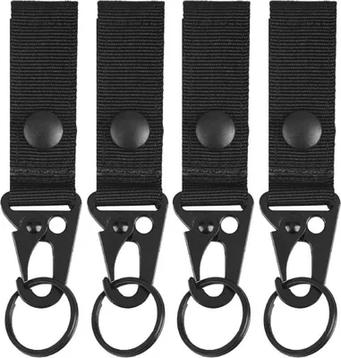 Produktbild von Nylonriemen mit Schlüsselring, taktischem Gürtelclip, Aufhängeschlaufe und Haken für Camping- und Wanderrucksäcke.