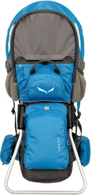 A front view of a blue and gray child carrier backpack.