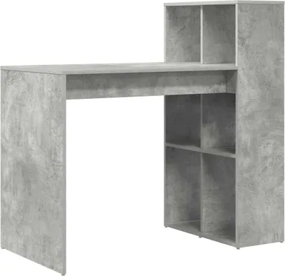 A concrete-effect desk with shelving units.