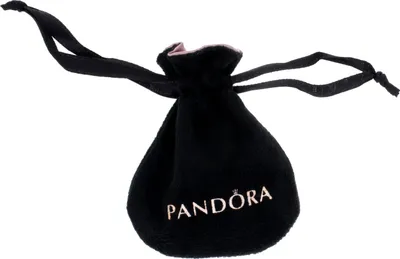 A black velvet drawstring pouch with the Pandora logo embroidered in rose gold.