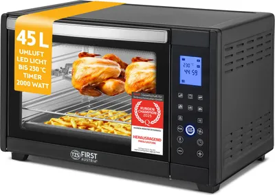 Produktbild von TZS First Austria - Minibackofen 45L 2000W Digitalanzeige - Mini Backofen Pizzaofen Temperaturregelung bis 230°C & 8 Modi - Miniofen 180 Min. Timer, 4 Einschubhöhen, Backblech, Grillrost & Drehspieß