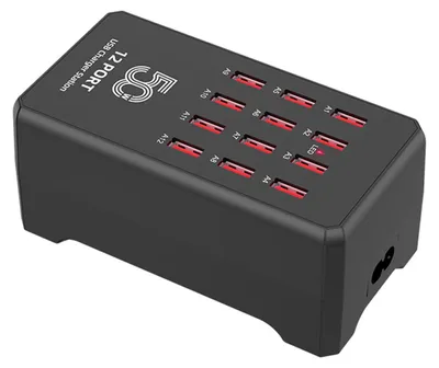 A black 12-port USB charger station with red USB ports.
