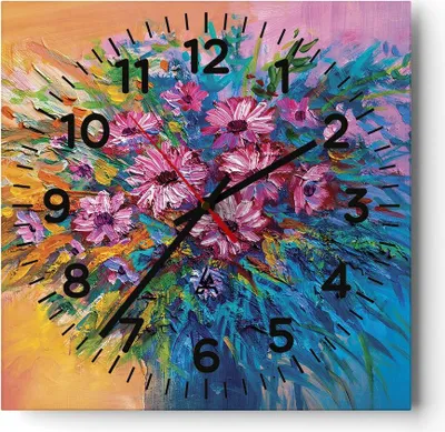 Produktbild von Wanduhr - Quadrat - Glasuhr - Blumenstrauß Blumen Öl - 30x30cm - Schleichendes Uhrwerk - Lautlos - zum Aufhängen bereit - Dekoration Modern - Wanddekoration aus Glas - C4AC30x30-4533