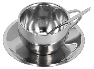 Kaffeetassen-Set, doppelwandig, Edelstahl, 180 ml, mit Löffel & Tablett