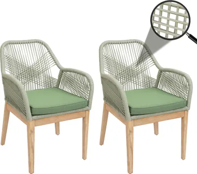 Immagine prodotto di set di 2 sedie da giardino HWC-H56b, poltrona da esterno, resistente alle intemperie in corda di vimini Corda in legno di acacia ~ cuscini verdi verdi