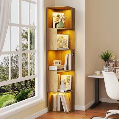 Produktbild von Bücherregal Eckregal Stehend 5 Ebenen mit LED Beleuchtung und Sensorik 35x35x165 cm Eiche