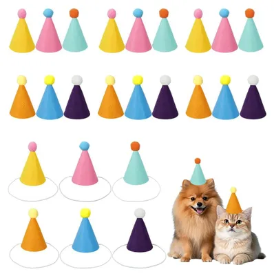 24 Filz-Geburtstagshüte für Haustiere, bunt, mit Pompon, 29,5 cm