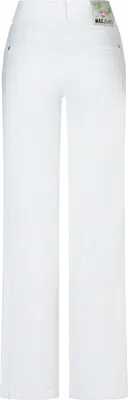 A pair of white wide-leg jeans shown from the back.