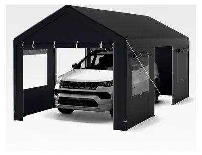 Produktbild von Zeltgarage Carport, 586 x 305 cm, Winterfestes Garagenzelt, Lagerzelt mit abnehmbaren Seitenwänden, Rolltüren und belüfteten Fenstern, Weidezelt für Auto, SUV, LKW, PKW (Grau)